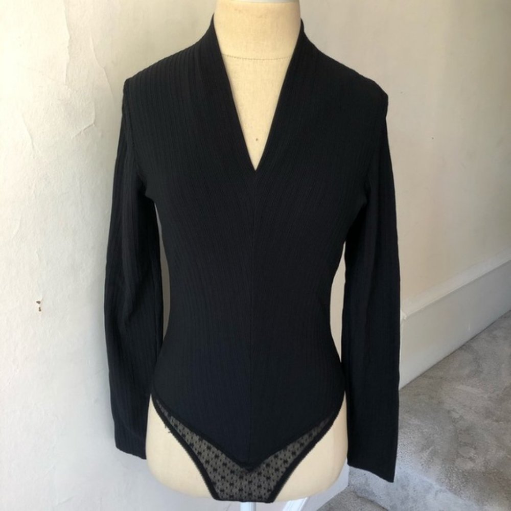 Vintage A’nue Ligne Ribbed Long Sleeve Black Bodysuit XS